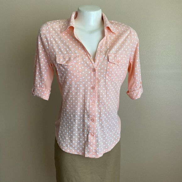 Y2K 2000s Bongo NWT Size L Top Peach Pink Polka Dot Collar Button Down Roll Tab - Picture 3 of 10